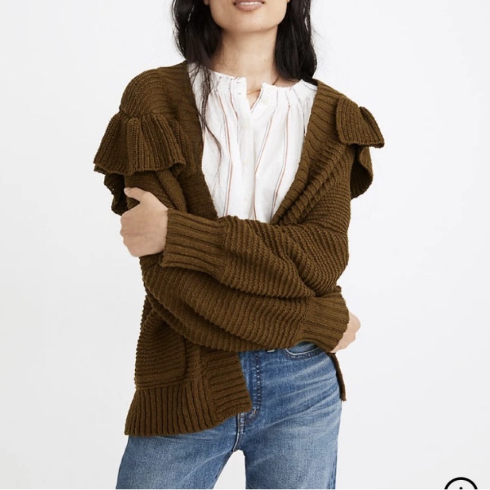 MADEWELL Olive Green Texture Open Front Ruffle Cardigan Sweater MA699 Small